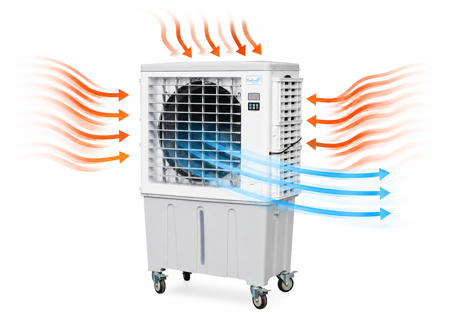 Evaporative cooler pulling warm air through three intake sides and pushing cool clean air from the front